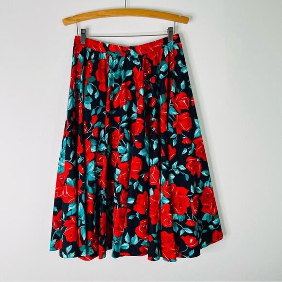 Vintage Leslie Lucks red black floral rose rockabilly grunge midi skirt medium - Picture 4 of 5